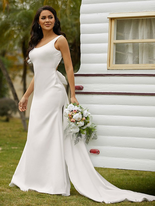 Numbersea Sheath Column Stretch Crepe Bowknot Straps Sleeveless Sweep/Brush Train Wedding Dresses