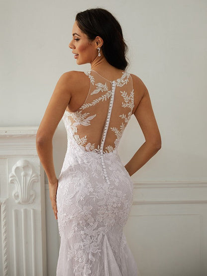 Sheath/Column Lace Scoop Sleeveless Court Train Wedding Dresses