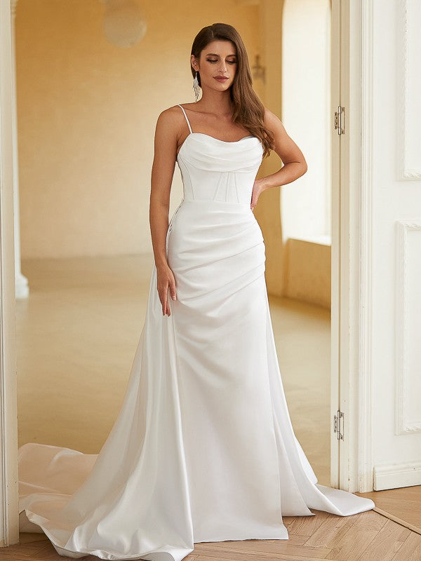 Sheath/Column Charmeuse Ruched Spaghetti Straps Sleeveless Court Train Wedding Dresses