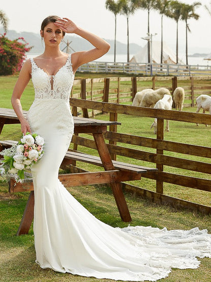 Sheath/Column Stretch Crepe Lace V-neck Sleeveless Cathedral Train Wedding Dresses