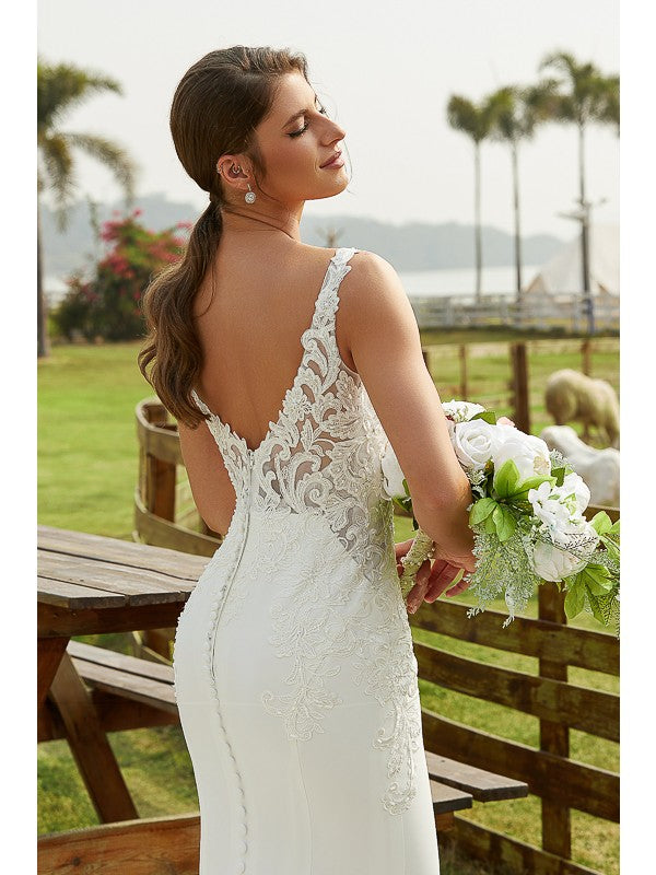 Sheath/Column Stretch Crepe Lace V-neck Sleeveless Cathedral Train Wedding Dresses