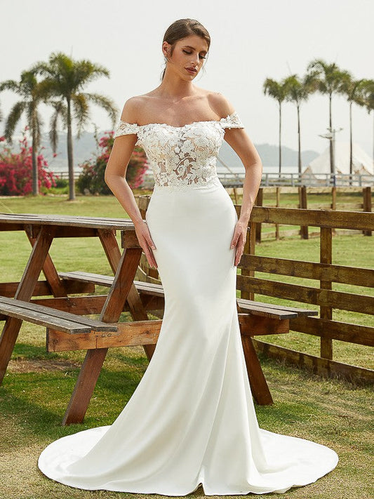 Numbersea Sheath Column Stretch Crepe Lace Off-the-Shoulder Sleeveless Court Train Wedding Dresses