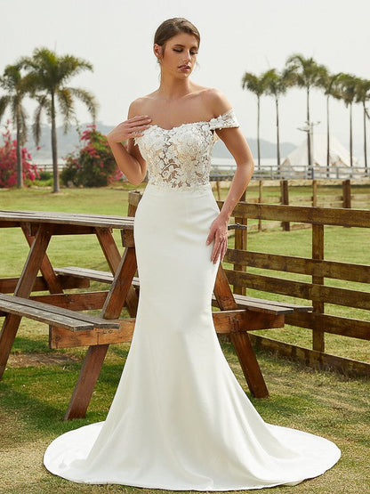 Numbersea Sheath Column Stretch Crepe Lace Off-the-Shoulder Sleeveless Court Train Wedding Dresses