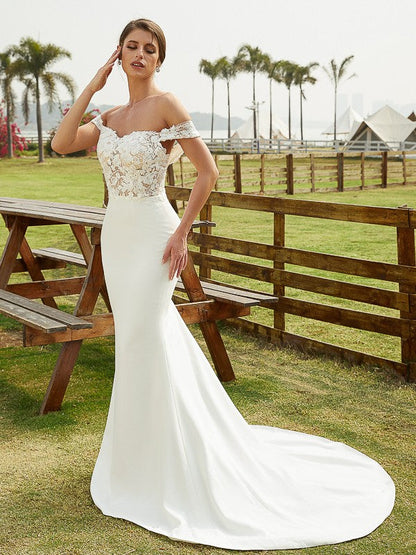 Numbersea Sheath Column Stretch Crepe Lace Off-the-Shoulder Sleeveless Court Train Wedding Dresses