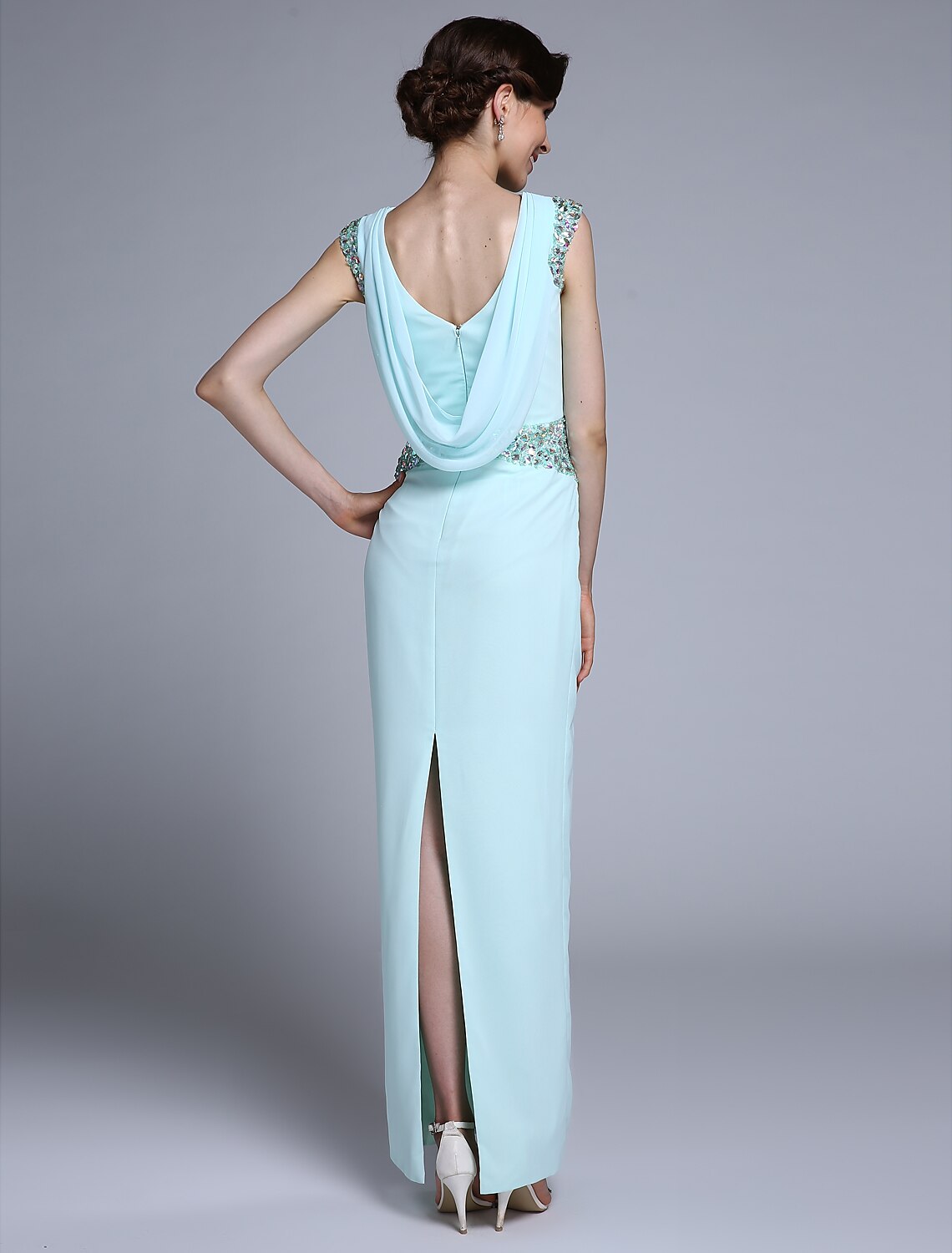 Sheath / Column Mother of the Bride Dress Elegant Bateau Neck Ankle Length Chiffon Sleeveless No with Crystals