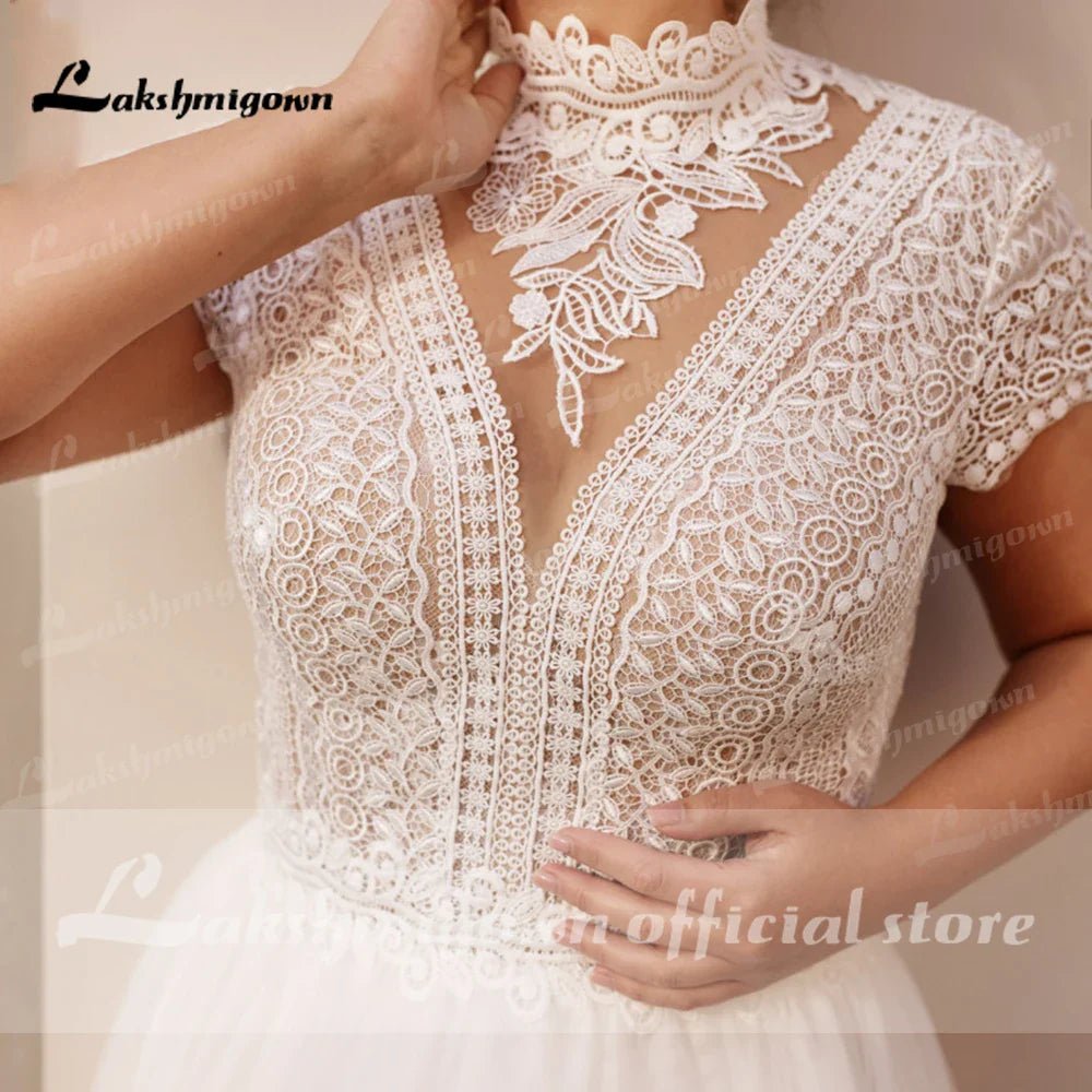 NumberSea - High Collar Short Sleeve Wedding Dresses Tulle Appliques Pearls Covered Button A - Line Bridal Gowns NumberSea