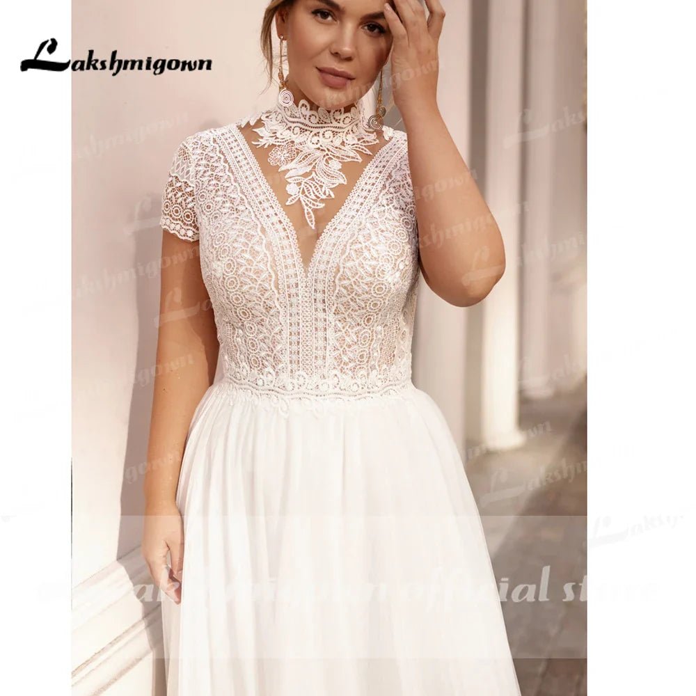 NumberSea - High Collar Short Sleeve Wedding Dresses Tulle Appliques Pearls Covered Button A - Line Bridal Gowns NumberSea