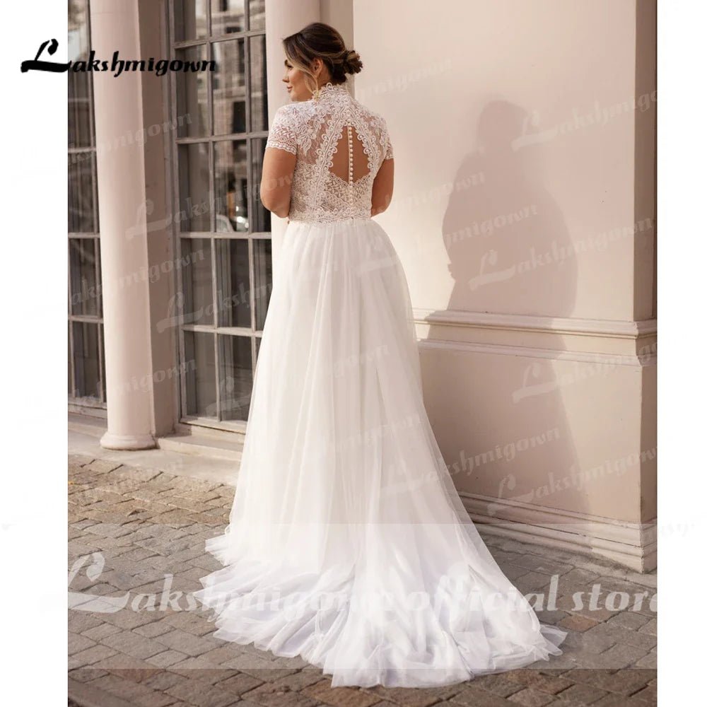 NumberSea - High Collar Short Sleeve Wedding Dresses Tulle Appliques Pearls Covered Button A - Line Bridal Gowns NumberSea