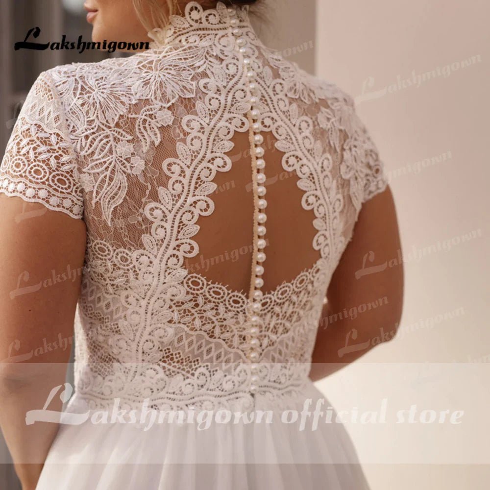 NumberSea - High Collar Short Sleeve Wedding Dresses Tulle Appliques Pearls Covered Button A - Line Bridal Gowns NumberSea