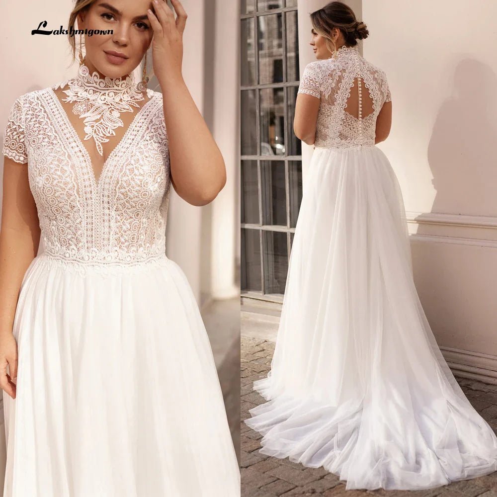 NumberSea - High Collar Short Sleeve Wedding Dresses Tulle Appliques Pearls Covered Button A - Line Bridal Gowns NumberSea