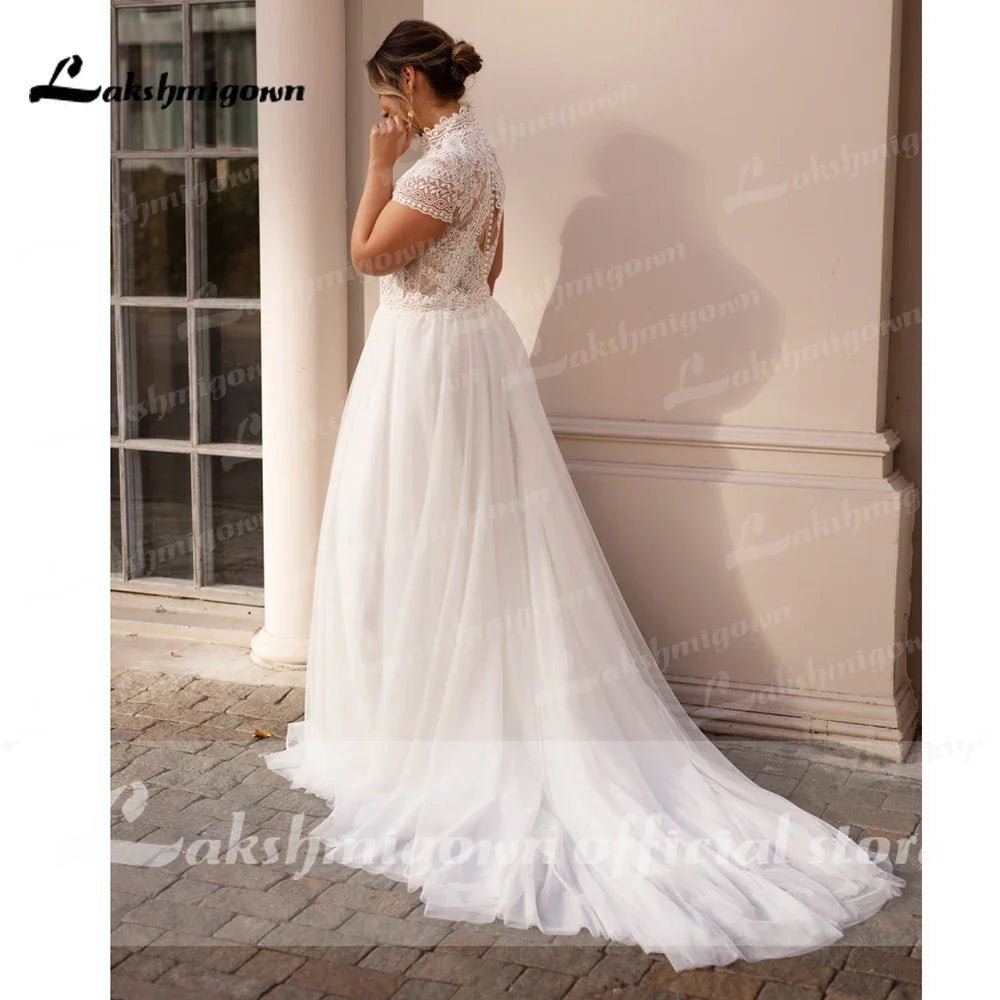 NumberSea - High Collar Short Sleeve Wedding Dresses Tulle Appliques Pearls Covered Button A - Line Bridal Gowns NumberSea