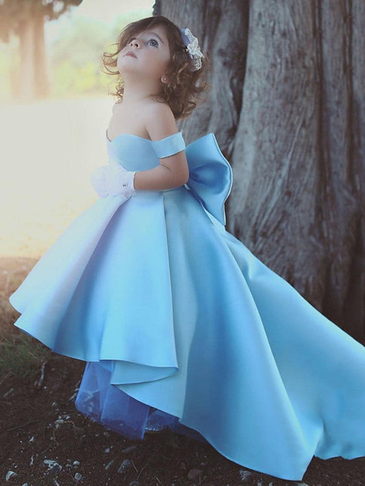 High Low Ball Gown Satin Off The Shoulder Wedding Flower Girl Dresses with Sleeves