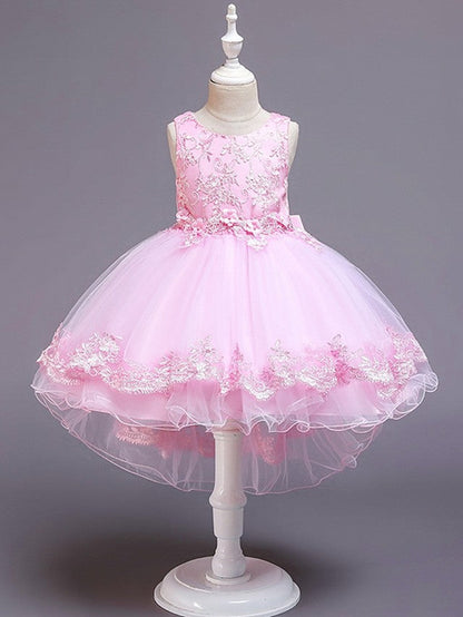 High Low Ball Gown Tulle Jewel Neck Wedding Party Flower Girl Dresses