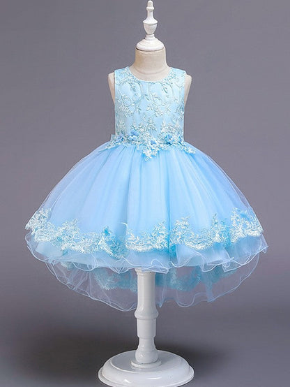 High Low Ball Gown Tulle Jewel Neck Wedding Party Flower Girl Dresses