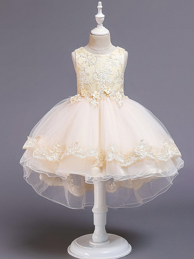 High Low Ball Gown Tulle Jewel Neck Wedding Party Flower Girl Dresses