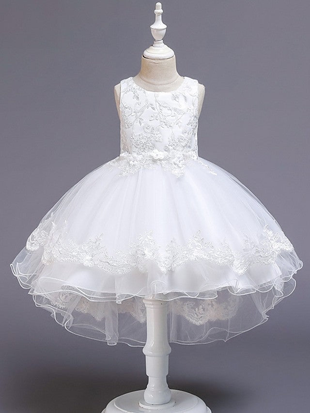 High Low Ball Gown Tulle Jewel Neck Wedding Party Flower Girl Dresses