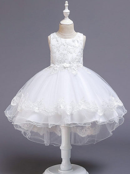 High Low Ball Gown Tulle Jewel Neck Wedding Party Flower Girl Dresses