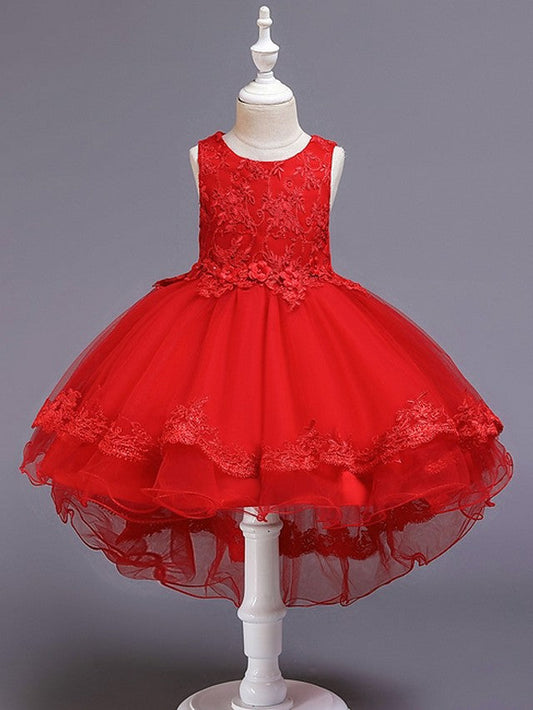 High Low Ball Gown Tulle Jewel Neck Wedding Party Flower Girl Dresses