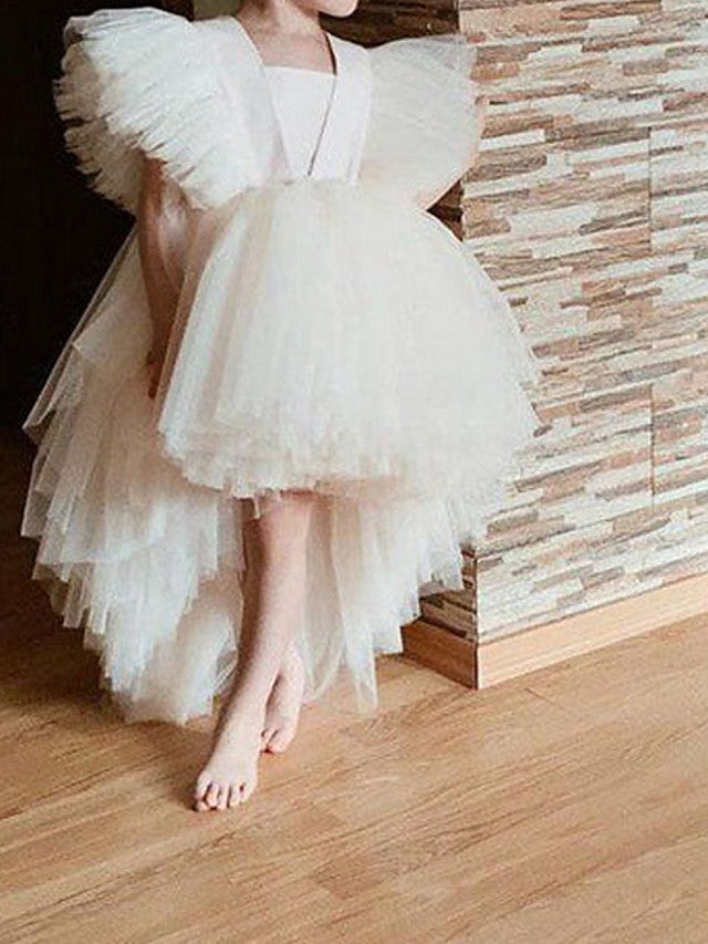 High Low Ball Gown Tulle Wedding Party Flower Girl Dresses