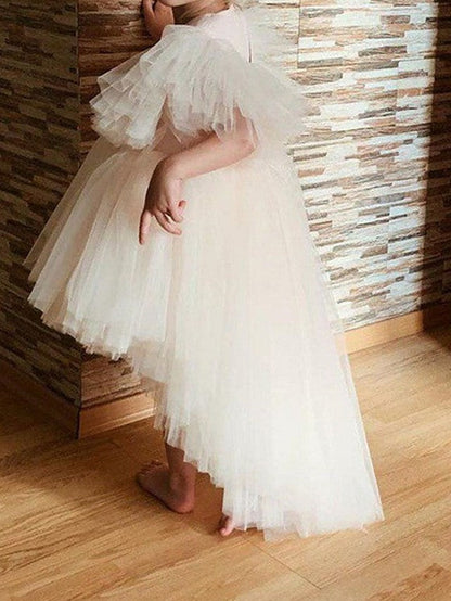 High Low Ball Gown Tulle Wedding Party Flower Girl Dresses