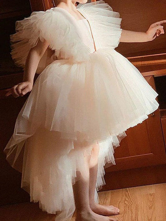 High Low Ball Gown Tulle Wedding Party Flower Girl Dresses