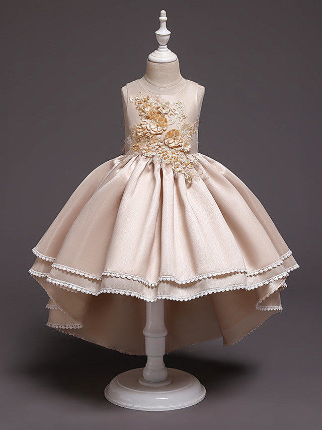 High Low Princess Satin Tulle Jewel Neck Wedding Party Pageant Flower Girl Dresses