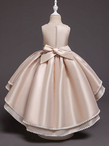 High Low Princess Satin Tulle Jewel Neck Wedding Party Pageant Flower Girl Dresses