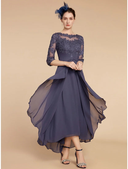 Numbersea A-Line Mother of the Bride Dress Wedding Guest Elegant Scoop Neck Ankle Length Chiffon Lace 3/4 Length Sleeve with Ruching Solid Color