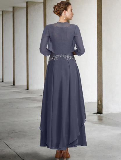 Zweiteiliges A-Linien-Kleid in Übergröße für die Brautmutter, Hochzeitsgast, eleganter Rundhalsausschnitt, knöchellang, Chiffon-Spitze, kurze Ärmel, Herbst-Wickeltuch inklusive gerüschter Applikationen