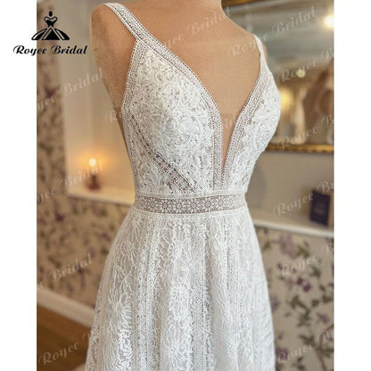 NumberSea - Hochzeitskleid Flowy Boho Spaghetti Straps Wedding Dress with Buttons Lace V Neck Mariage Bridal Gown robe de soirée de mariage