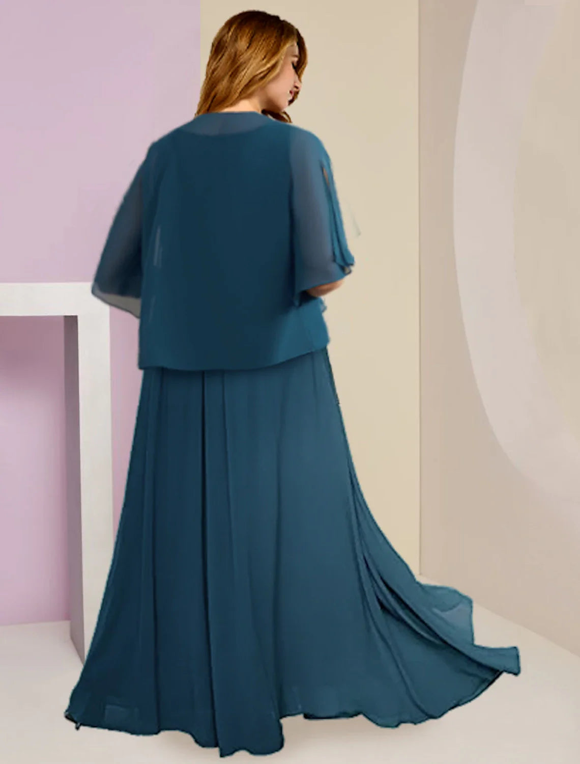 Zweiteiliges A-Linien-Kleid für die Mutter der Braut, formelle Hochzeitsgäste, Übergröße, Bauch verbergen, elegant, V-Ausschnitt, bodenlang, Chiffon, Spitze, ärmellos, mit gerüschen Applikationen