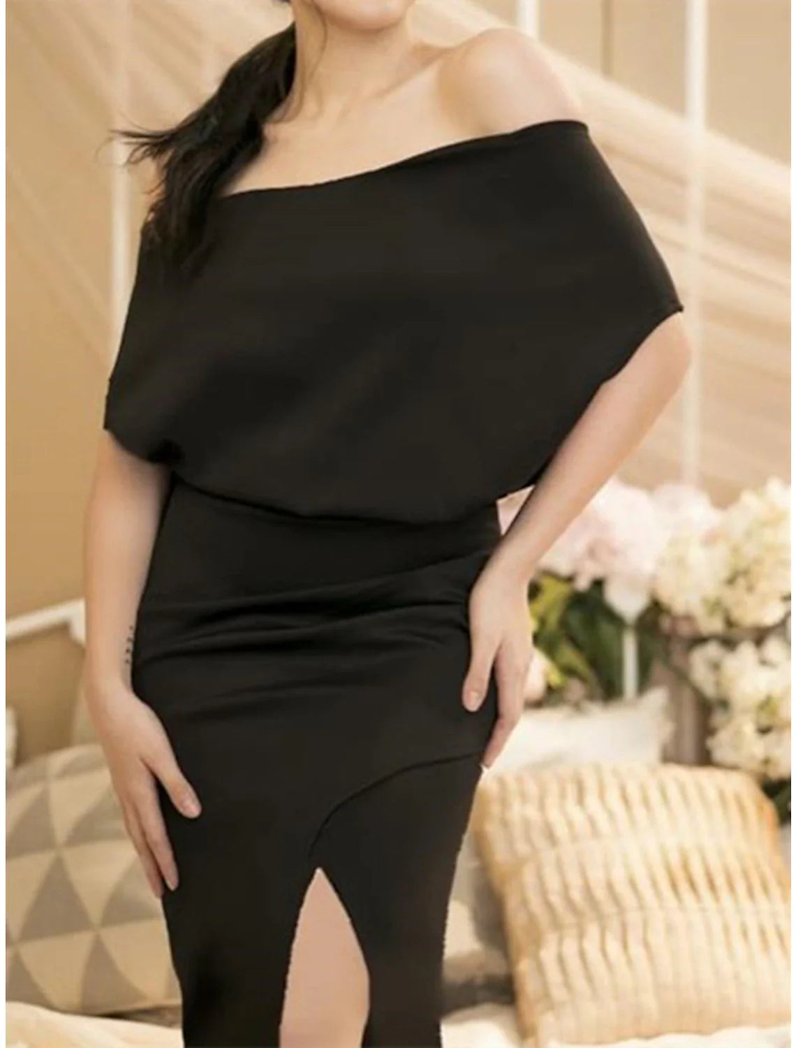 Sheath / Column Empire Elegant Wedding Guest Formal Evening Birthday Dress Off Shoulder Half Sleeve Floor Length Stretch Chiffon with Slit