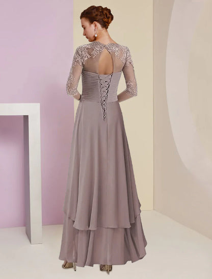 Zweiteiliges A-Linien-Kleid für die Mutter der Braut, formeller Hochzeitsgast, eleganter quadratischer Ausschnitt, asymmetrische Wadenlänge, Chiffonspitze, 3/4-Ärmel, Wickelärmel inklusive, mit gerüschtem Stufen-Applikationen