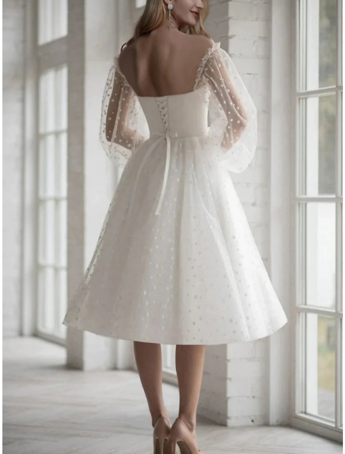 Wedding Dresses Ball Gown Sweetheart Long Sleeve Tea Length Tulle Bridal Gowns With Pleats