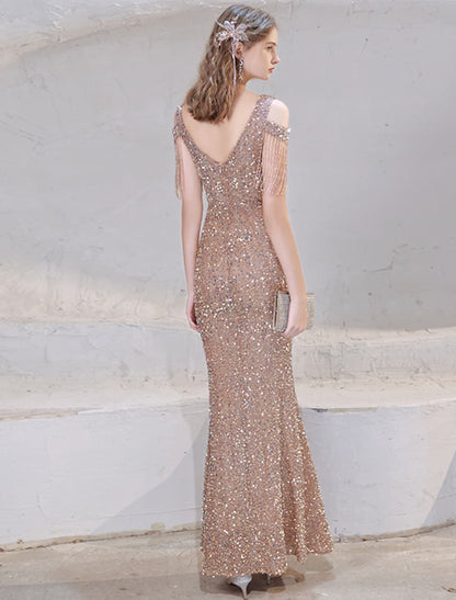 Mermaid / Trumpet Prom Dresses Sparkle Dress Wedding Guest Floor Length Short Sleeve V Neck Sequined with Beading Sequin