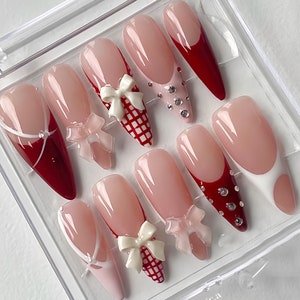 NumberSea - Elegant Pink Press On Nails | Nail Set With Gentle Designs | Cute Bow Nail Art | Adorable 3D Raised Art | HC258S