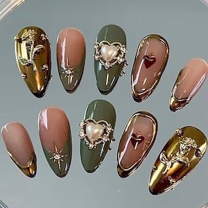 NumberSea - Golden rose hand painted nail/ custom press on nails/ hand made Press on Nails/Faux Acrylic Nails/ Gel Nails/Press on Nails