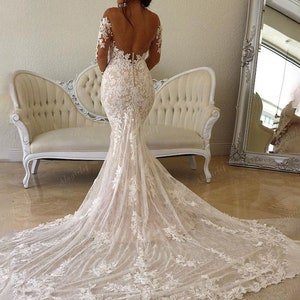 NumberSea - NumberSea Ivory Mermaid Wedding Gown with Long Train/Black Lace Backless Dress with Long Sleeves/Wedding Reception Dress/Princess Photoshoot Dress