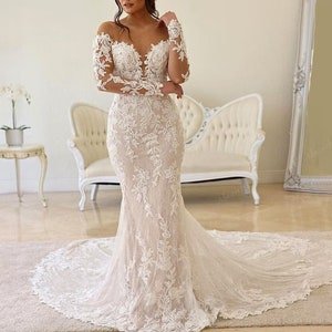 NumberSea - NumberSea Ivory Mermaid Wedding Gown with Long Train/Black Lace Backless Dress with Long Sleeves/Wedding Reception Dress/Princess Photoshoot Dress