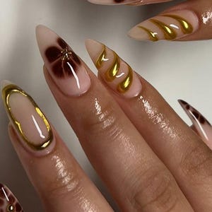 NumberSea - 3d golden chrome flower nails /custom press on nails/ hand made Press on Nails/Faux Acrylic Nails/ Gel Nails/Press on Nail