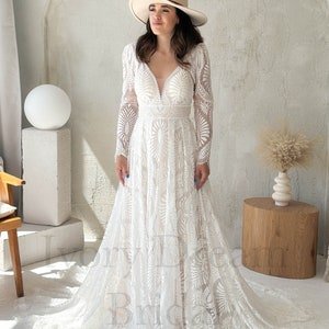 NumberSea - NumberSea Long lace removable sleeves wedding dress, A - line wedding dress, Boho wedding dress, Western wedding dress, Bohemian bridal gown