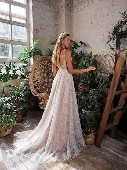 NumberSea - NumberSea Sparkle Wedding Dress, Crystals Embroidered Wedding Dress, A Line Wedding Dress, Backless Wedding Dress, Glitter Dress, Custom Wedding Dress