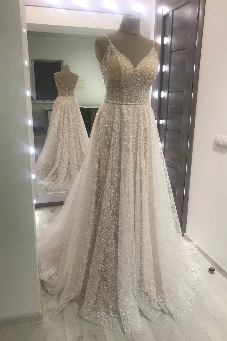 NumberSea - NumberSea Sparkle Wedding Dress, Crystals Embroidered Wedding Dress, A Line Wedding Dress, Backless Wedding Dress, Glitter Dress, Custom Wedding Dress