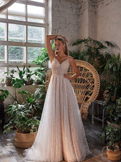 NumberSea - NumberSea Sparkle Wedding Dress, Crystals Embroidered Wedding Dress, A Line Wedding Dress, Backless Wedding Dress, Glitter Dress, Custom Wedding Dress