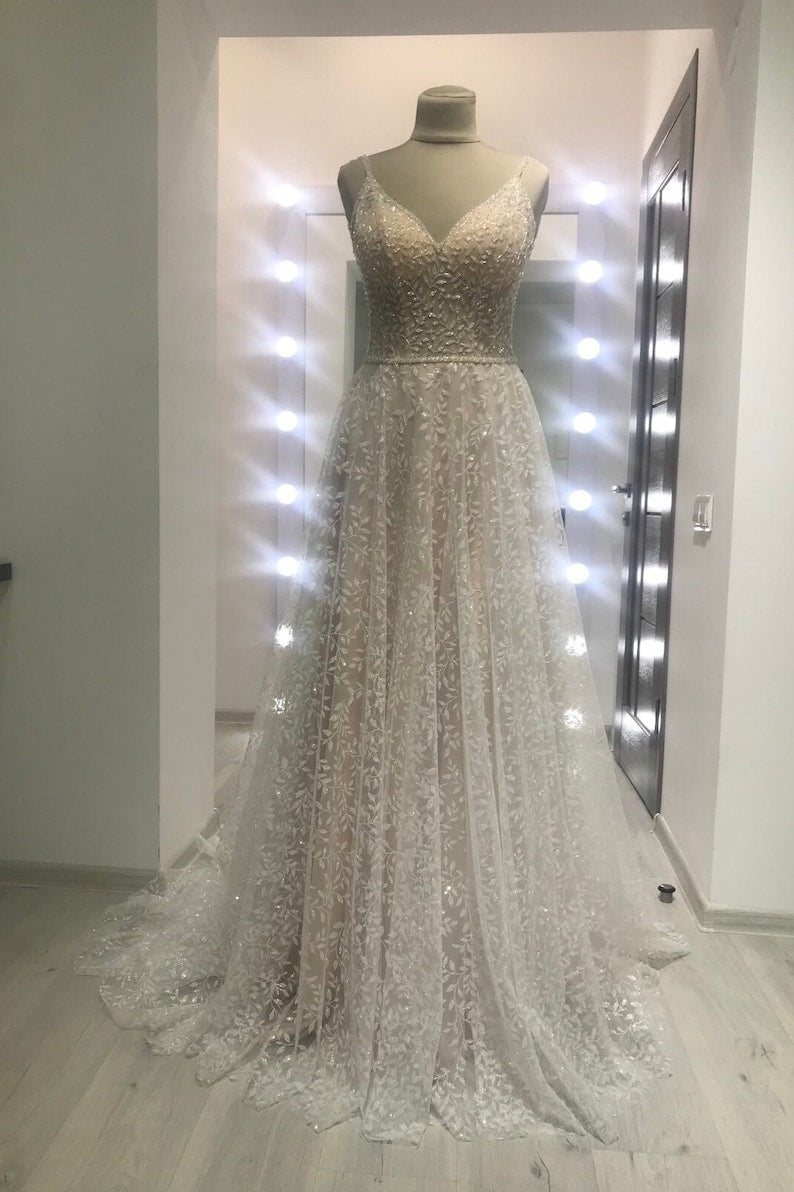 NumberSea - NumberSea Sparkle Wedding Dress, Crystals Embroidered Wedding Dress, A Line Wedding Dress, Backless Wedding Dress, Glitter Dress, Custom Wedding Dress