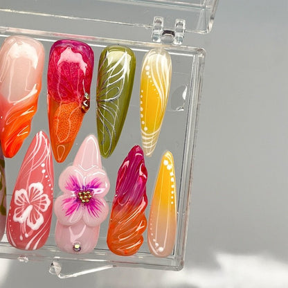 NumberSea - LNA0126 - Fairy Tale Flower Long Almond Press On Nails, 3D Fairycore Nails, Dreamy Nails