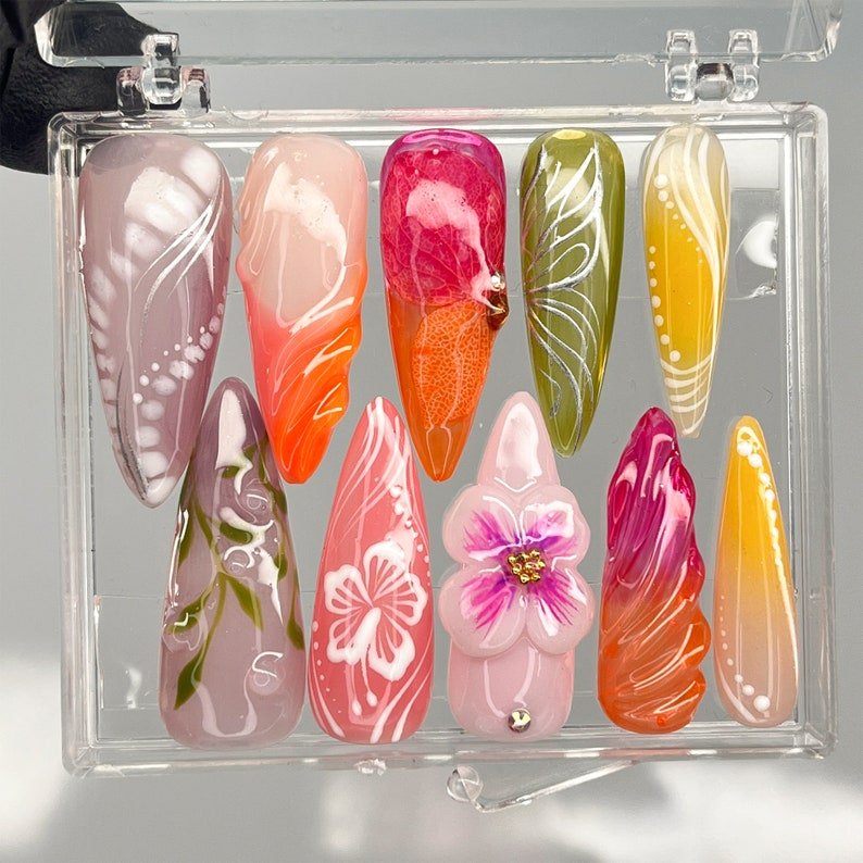 NumberSea - LNA0126 - Fairy Tale Flower Long Almond Press On Nails, 3D Fairycore Nails, Dreamy Nails