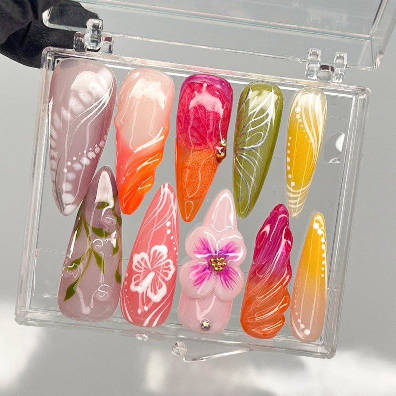 NumberSea - LNA0126 - Fairy Tale Flower Long Almond Press On Nails, 3D Fairycore Nails, Dreamy Nails