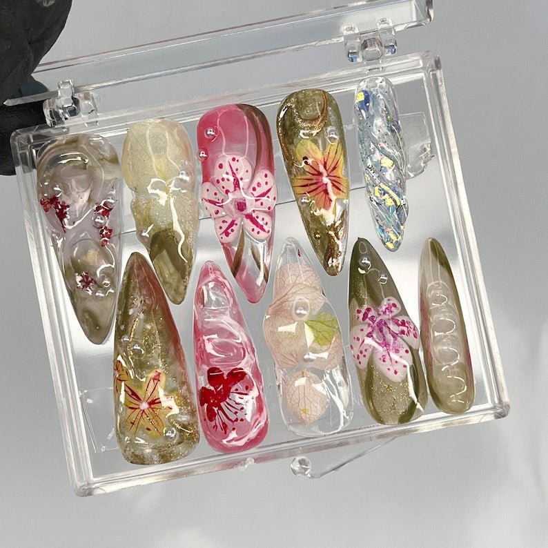 NumberSea - 3D Dry Orchard Flower Long Almond Press On Nail, Custom Handpainted Acrylic Spring Fake/False Nail, Floral Nails