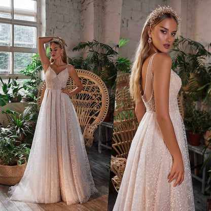 NumberSea - NumberSea Sparkle Wedding Dress, Crystals Embroidered Wedding Dress, A Line Wedding Dress, Backless Wedding Dress, Glitter Dress, Custom Wedding Dress